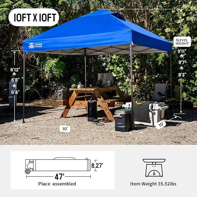 CROWN SHADES 10x10 Pop Up Canopy Tent - Patented Center Lock One Push Instant Outdoor Canopy Beach Tent with STO-N-Go Bag 8 Stakes & 4 Sand Bags，Blue