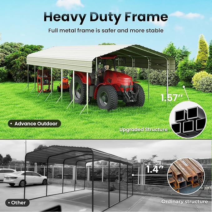 14x30ft Heavy Duty Metal Carport – Outdoor Galvanized Garage, Sturdy Structure, All-Weather Protection, Easy Assembly for Cars, Trucks, Boats, Tractors, and Outdoor Storage (Beige, 14x30FT)
