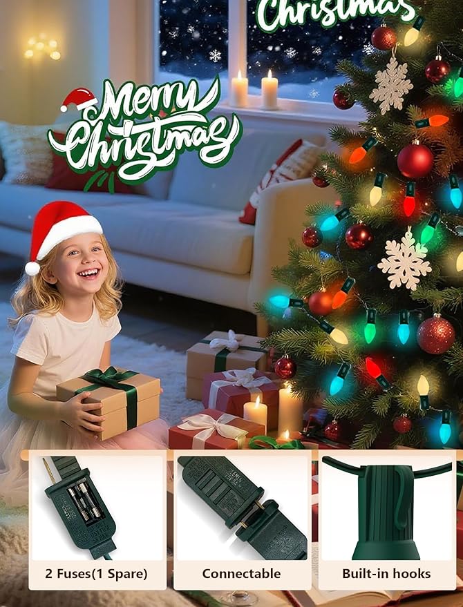 C7 LED Colorful Christmas Lights Outdoor, 25Ft Christmas Decorations String Lights with 27 LED C7 Ceramic Multicolor Bulbs, Hanging Vintage Christmas Lights for House Roofline Tree Patio Yard Party