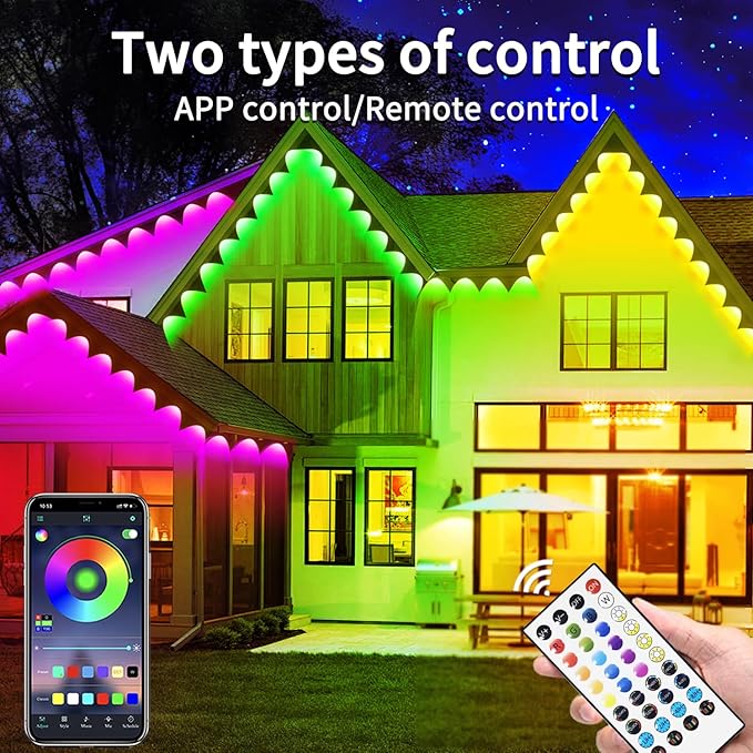 150FT Permanent Outdoor Light, IP67 Waterproof LED Eaves Light, App/Remote Control Christmas Lights, Suitable for House，Patio Decor Garden Party Festival Decoration