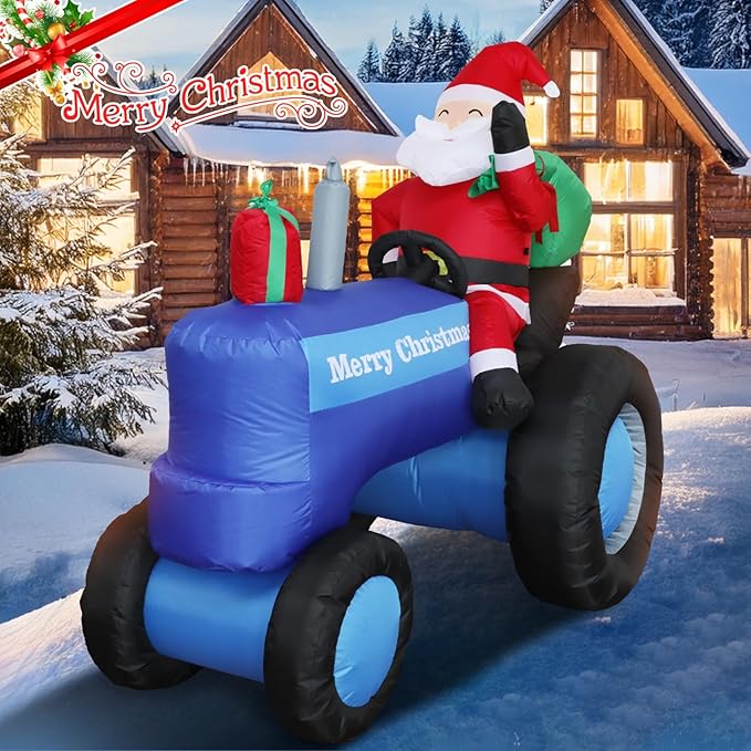 DearSun 5.5FT H Christmas Inflatable Santa Claus Drive Tractor with Build-in LED Lights, Blow up Christmas Inflatable Outdoor Decorations Large Party Yard Decoration