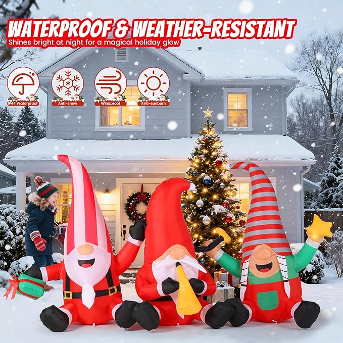 Christmas Decorations Inflatables Outdoor, 7.55FT Long Gnome Xmas Blow Up Built-in LED Lights with Trumpets, Stars and Gift Box Holiday Decor for Garden Lawn Yard Patio Bistro Indoor