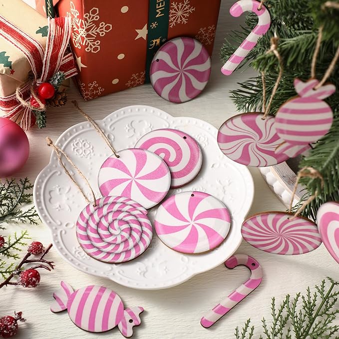 Qunclay 36 Pieces Candy Cane Christmas Ornaments Wood Hanging Lollipop Ornaments Wood Cutouts Peppermint Christmas Decor for Xmas Tree Home Decoration Party Supplies