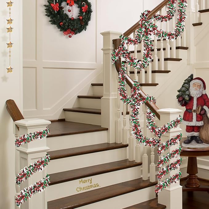 50ft Metallic Tinsel Twist Garland - Christmas Tree Decorations in Red, Green & White