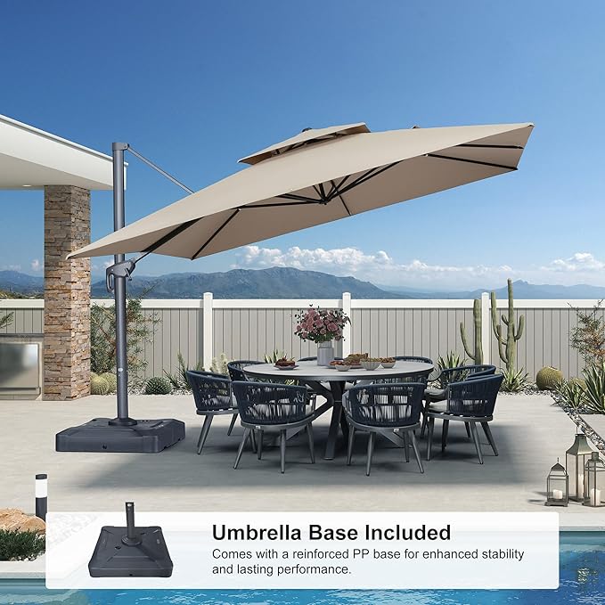 PURPLE LEAF 12 FT Cantilever Patio Umbrella Outdoor Umbrella with 330lbs Base Large Square Windproof Offset Umbrella for Pool Deck Garden, Sand Dune