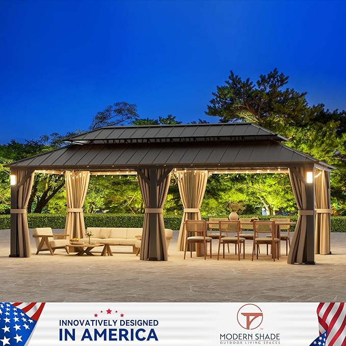 Modern Shade The Horizon Permanent Hardtop Gazebo 12' x 24' with 4 LED Lights, Outdoor Gazebo with Galvanized Steel Double Roof, Patio Pavilion w/Decor Hooks, Mosquito Netting and Curtains, Black