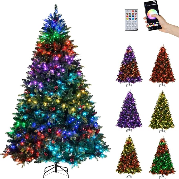 GOFLAME 7FT Pre-lit Artificial Christmas Tree, Hinged Xmas Tree with Remote and App Control, 500 Color & Mode Changing RGB Lights, Timer, 1436 Branch Tips, Pine Cones and Red Berries