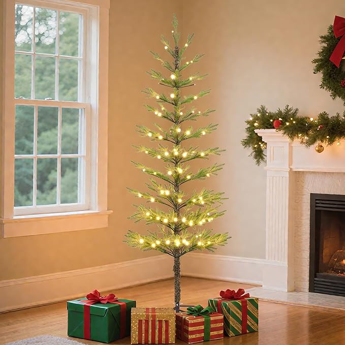 6FT 132 LED Minimalist Pre-Lit Slim Pencil Artificial Christmas Tree with Warm White Lights Scandinavian Style Decor Indoor Holiday Decoration Modern Xmas Tree