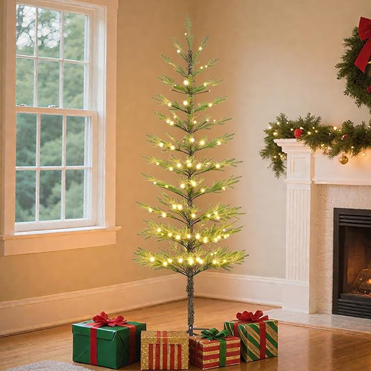 6FT 132 LED Minimalist Pre-Lit Slim Pencil Artificial Christmas Tree with Warm White Lights Scandinavian Style Decor Indoor Holiday Decoration Modern Xmas Tree