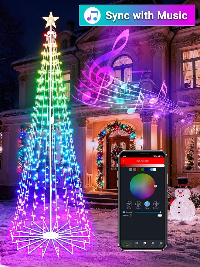 Flacchi Smart Christmas Cone Tree Lights - Star Tree Topper with Removable Bracket, App Control, Sync with Music, Waterfall Colored Lights for Indoor Outdoor Xmas Decorations (7.8FT/ String Lights)