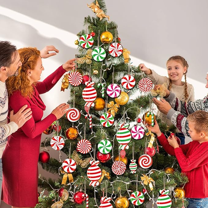 Qunclay 36 Pieces Candy Cane Christmas Ornaments Christmas Wood Hanging Decor Xmas Tree Wood Cutouts Peppermint Decor for Home Party Decoration Supplies (Colorful Candy)