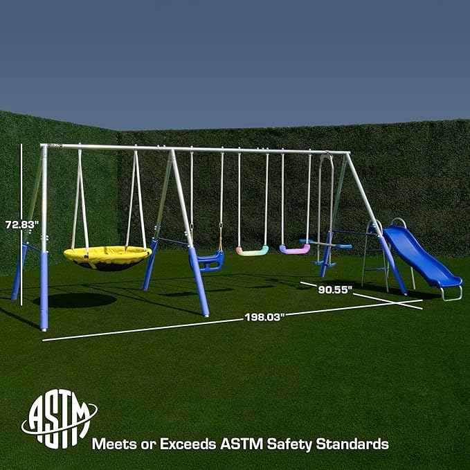 TSC Hermosa Swing Set for Kids, Outdoor Metal Playset with LED Swings, 38 Saucer, Standing Swing, Glider, 5ft Slide ? Backyard Playground with 800lbs Max Capacity