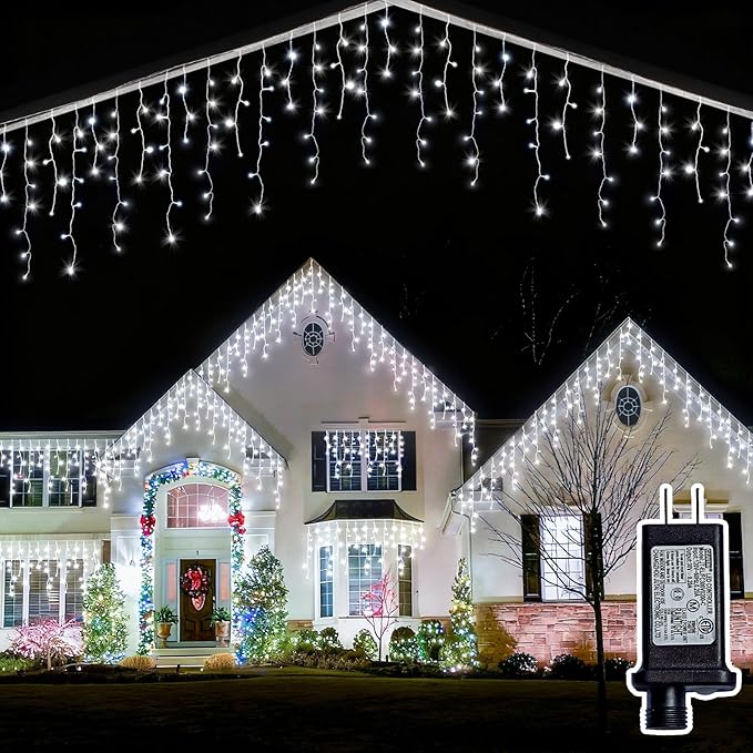 Christmas Outdoor Icicle Lights - 480 LED 66+33 FT 8 Modes Curtain Fairy String Light Plug in, Waterproof for Eaves Yard Holiday Xmas Holiday Indoor Outdoor Decoration - White