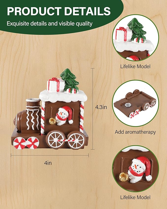 Christmas Train Resin Figurine with Smoke Chimney – Gingerbread-Style Holiday Train with Snowman, Candy Wheels, and Gift Decor – 4.2” Festive Tabletop Decoration (Train)