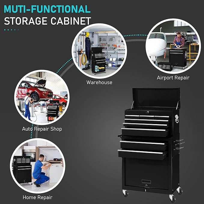 Bonusall 8-Drawer Rolling Tool Chest and Cabinet Combo,Heavy-Duty Metal Garage Tool Chest with Wheels,2-in-1 Top Chest and Roller Cabinet Combo for Garage, Workshop, Warehouse, Black