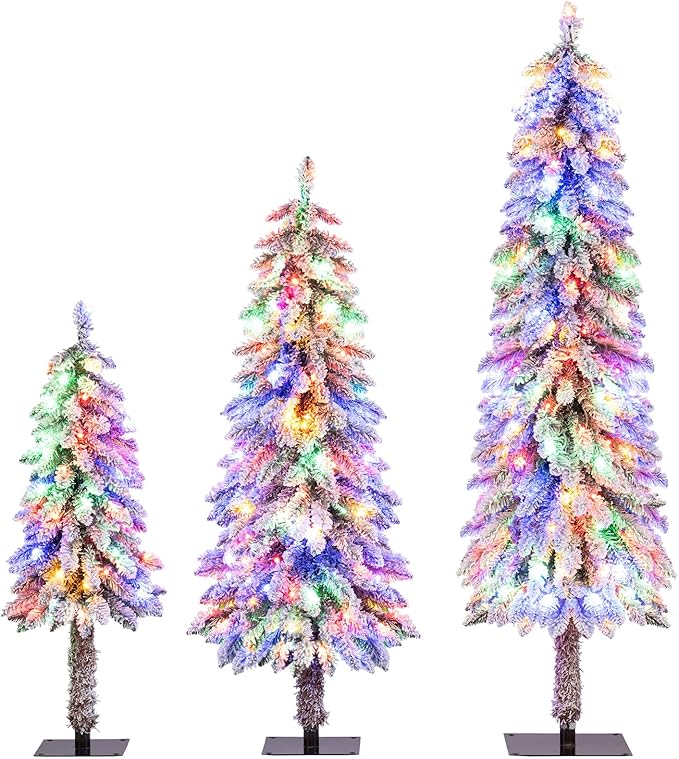 GOFLAME Set of 3 Pre-lit Pencil Christmas Tree, Snow Flocked Artificial Xmas Trees 3Ft, 4Ft and 5Ft with Multi-Colored LED Lights, Slim Christmas Tree, Holiday Decoration Tree with Metal Base