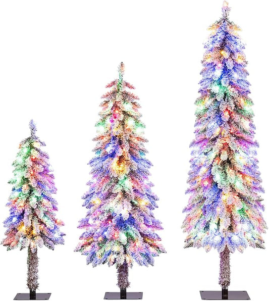 GOFLAME Set of 3 Pre-lit Pencil Christmas Tree, Snow Flocked Artificial Xmas Trees 3Ft, 4Ft and 5Ft with Multi-Colored LED Lights, Slim Christmas Tree, Holiday Decoration Tree with Metal Base