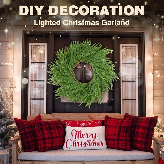 2Pc 6Ft Christmas Artificial Norfolk Pine Garlands, Green Winter Norfolk Pine Stems for Fireplace, Staircase, Dining Table, Door,Holiday Party Christmas Decorations(2, 6FT)