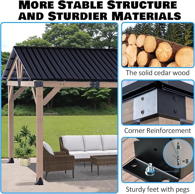 StarEcho Wooden Hardtop Gazebo 12 x14 FT,Heavy Duty Cedar Wood Pavilion Gazebos with Galvanized Steel Gable Roof,Outdoor Gazebo for Lawn Backyard Deck Patio Garden