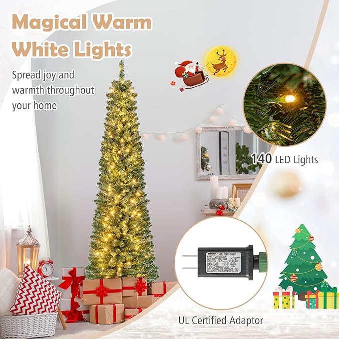 GOFLAME 6FT Prelit Pencil Christmas Tree, Slim Artificial Xmas Tree with 392 Memory Wire Branch Tips, 140 Warm White LED Lights & Upgraded Metal Stand, Seasonal Holiday Decoration Tree for Home Party