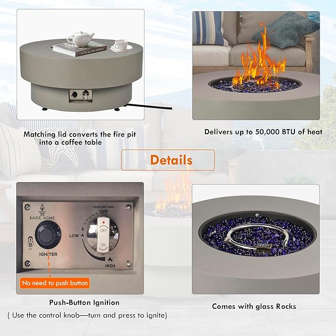 Propane Outdoor Fire Pit Table, Flint & Concrete Look 32.5-inch Round Patio Propane Fire Table 50,000 BTU w/Lid, Glass Rocks, Cover, Pre-Attached 10ft Hose
