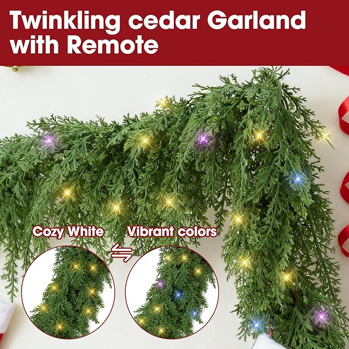 Cedar Christmas Garland for Mantle - 2 PACK Decorations with Lights 9 ft Realistic Lighted Faux Pine Garlands for Xmas Stairs Railing Fireplace Prelit Home Decoration Indoor Outdoor Garland Door Decor