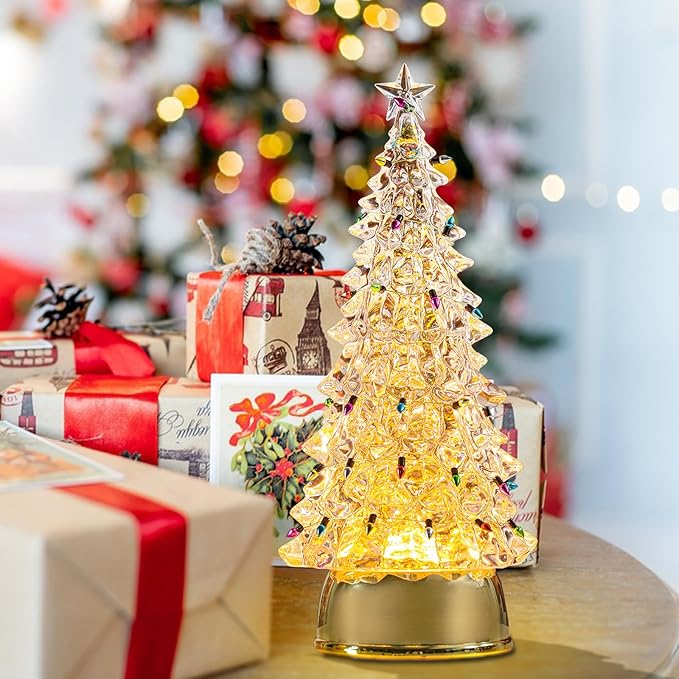 Small Christmas Tree White Acrylic Tree with LED Lights Small Bell 12 Inch Tabletop Christmas Tree Vintage Christmas Decoration Battery Operated