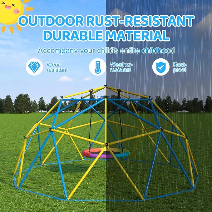 Climbing Dome,10 FT Dome Climber with Rainbow Saucer Swing Outdoor&Indoor Anti-Rust Metal Jungle Gym For Backyard Play Equipment Geometric Dome Toddler Climbing Toys Great Gift for Kids Aged 3 to 8