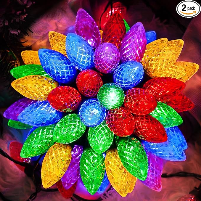 2-Pack 66FT 100LED Extendable C9 Christmas Lights Outdoor/Indoor, Waterproof Christmas String Lights Plug in, Green Wire Fairy Lights for Xmas Tree Garden Patio Wedding Party Decoration (Multicolor)