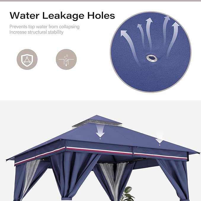 LAUSAINT HOME Semi-Permanent Patio Gazebo 8'x8' with Expansion Bolts, Outdoor Heavy Duty Party Tent with Double Roofs, Mosquito Nettings and Privacy Screens for Backyard, Garden, Lawn, Navy Blue
