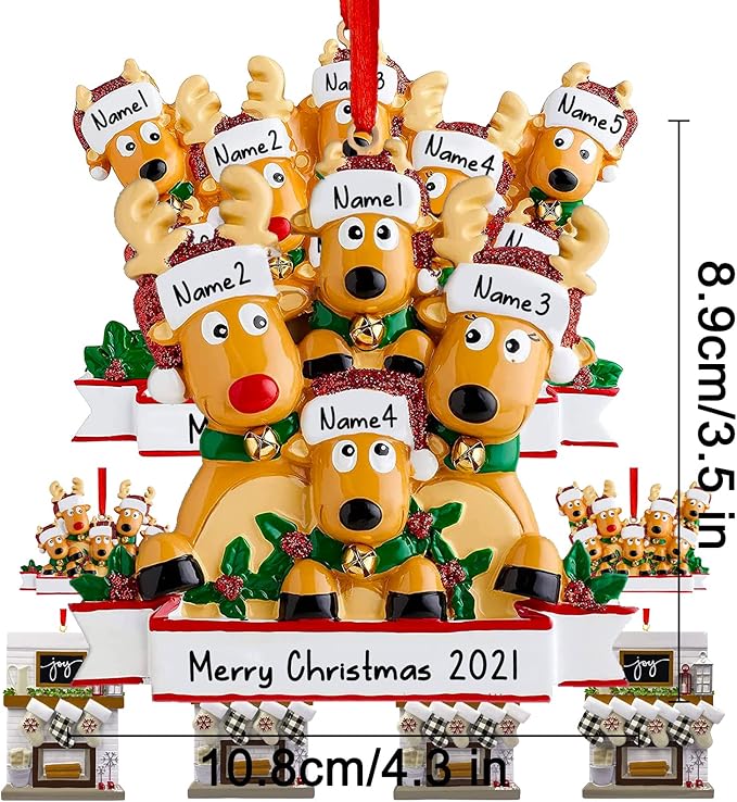Personalized Christmas Ornaments 2023 Reindeer Family of 2/3/4/5/6/7/8 Deer Custom Christmas Ornaments with Names Customized New Year Keepsake Christmas Tree Decorations（Family of 7）