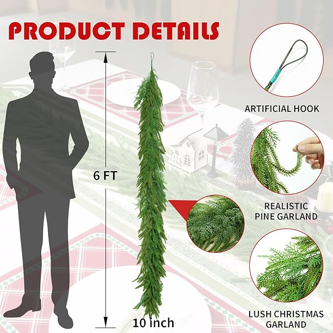 2 Pcs 6 Ft Artificial Norfolk Cedar Pine Garlands, Real Touch Winter Pine Garland, Green Artificial Greenery Garland for Table, Mantle, Wall, Indoor, Outdoor Christmas Decorations