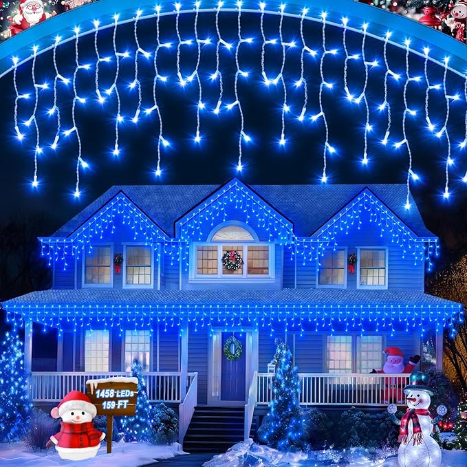 159 FT Blue Christmas Lights Outdoor, 1458 LED Waterproof Outside Christmas Lights Plug in, Timer & Memory, 8 Modes Fairy Lights with 324 Drops for House Eaves Yard Patio Wedding Decorations