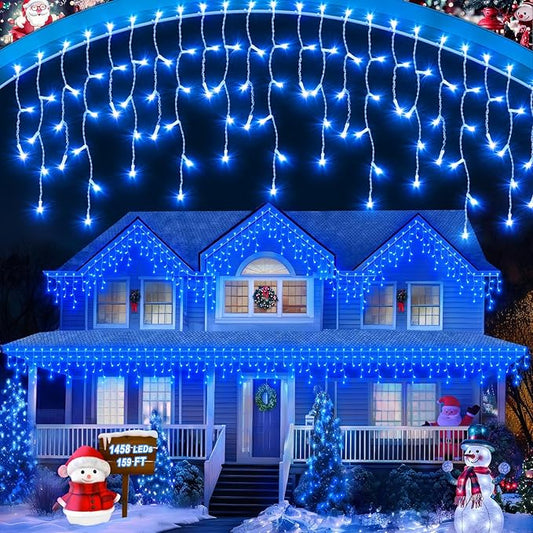 159 FT Blue Christmas Lights Outdoor, 1458 LED Waterproof Outside Christmas Lights Plug in, Timer & Memory, 8 Modes Fairy Lights with 324 Drops for House Eaves Yard Patio Wedding Decorations