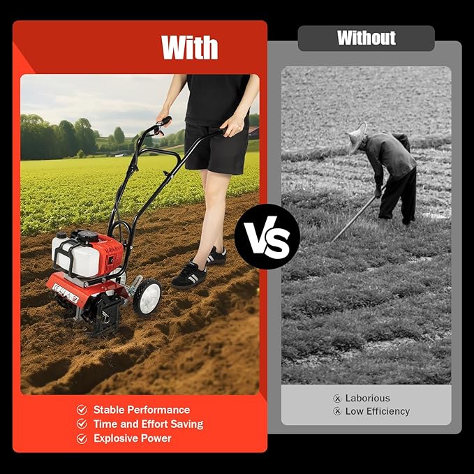 52CC 2-Stroke Gas Powered Tiller Cultivator 1700W Heavy-Duty Single Cylinder Motor, Gasoline Powered Garden Tiller, Garden Cultivator for Cultivation, Trenching, Soil Tillage, Loosening