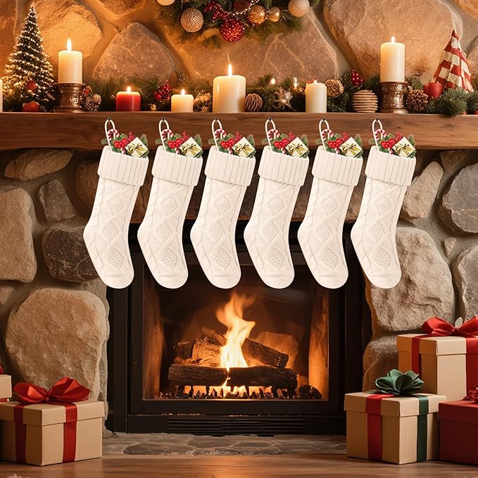 Christmas Stockings 18 Inches,Long Knitted Socks Christmas Decoration Hanging Stocking Fireplace Xmas Tree Stocking for Home Family（6 White）