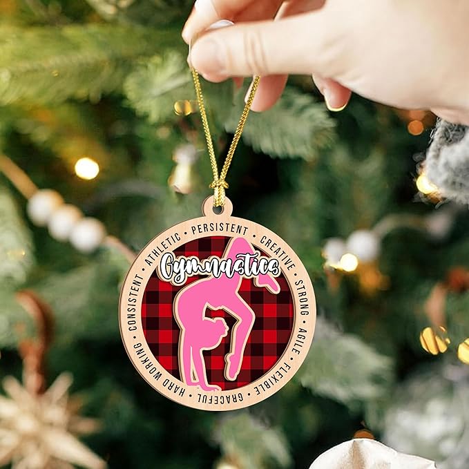 Gymnastics Ornament for Girls – 2-Layer Wooden Christmas Ornament for Gymnasts, Plaid Gymnastics Christmas Tree Decor, Gymnast Gifts for Girls 2025