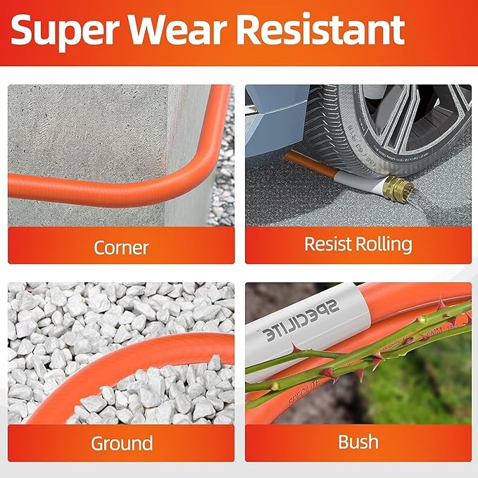 SPECILITE Garden Water Hose 15 ft x 5/8 in, Heavy Duty Leader Pipe Extension, Flexible, Lightweight Kink-less,Hybrid Rubber, with 3/4 Brass Fittings, Orange