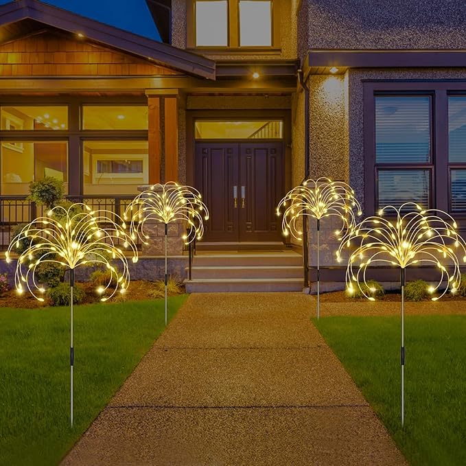 Solar Garden Lights, Firework Light Outdoor 5 Pack 120 LED Solar Waterproof Decorative Starburst Lights Landscape Lamp 18 Hours Working Time, Decor for Courtyard Garden Christmas Party (warm white)