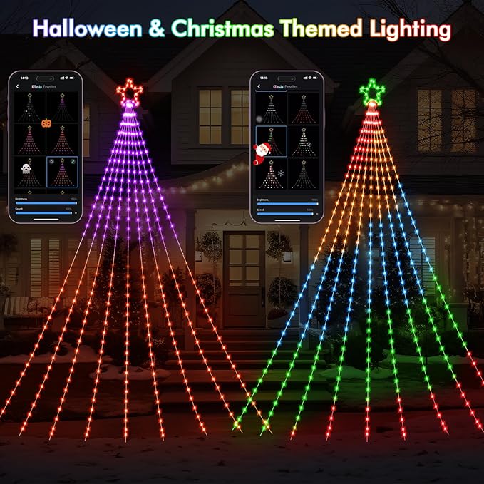 Outdoor Christmas Decorations, 12FT Smart RGB Color Changing Christmas Hanging Waterfall String Lights, APP Remote Control, DIY Multi-Color Lightshow, Music Sync, Outside Xmas Lights Decor