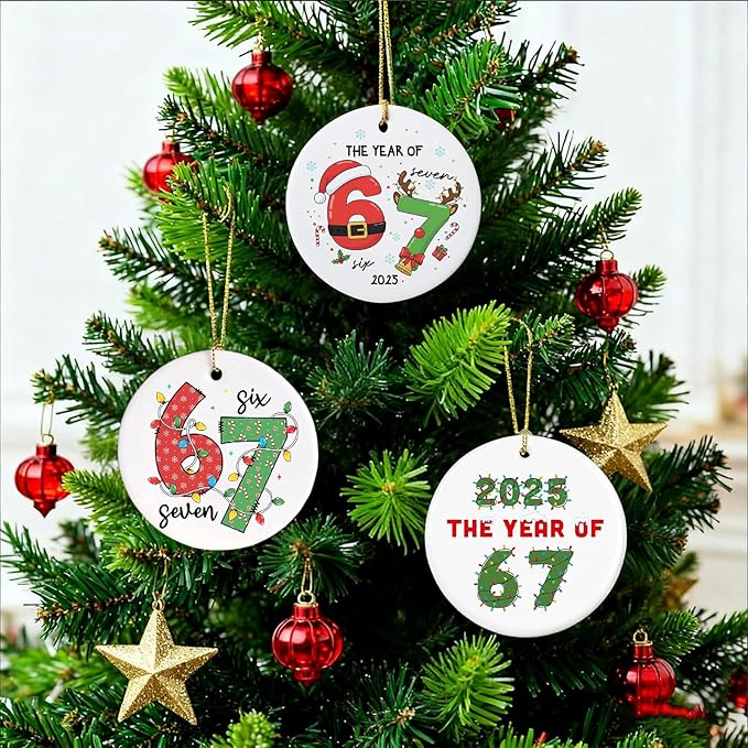 67 Christmas Ornament, Funny 67 Ornament Decor Christmas Tree Hanging Ornaments,Six Seven Ornament, 67 Decorations Meme Grandkid Birthday Gift for Younger Generations (3Pcs)