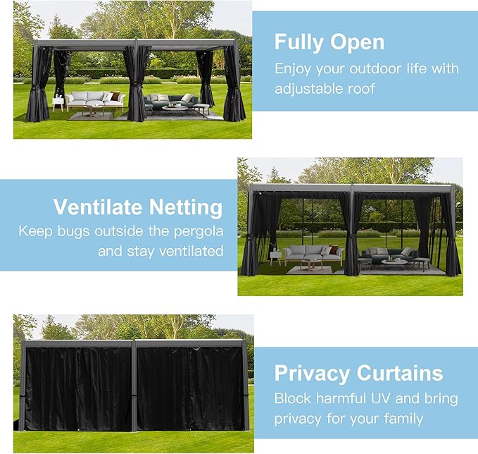 Domi 12x20FT Louvered Pergola, Full Aluminum Pergola with Adjustable Louvered Roof, Outdoor Pergola with Waterproof Curtains and Netting, Gray