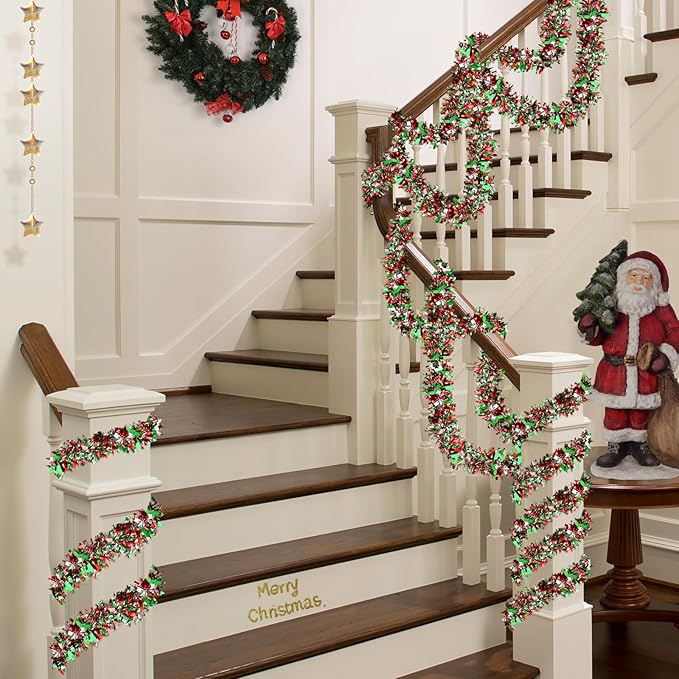 50ft Metallic Tinsel Twist Garland - Christmas Tree Hanging Decorations (Red, Green & Silver) for Indoor & Outdoor Use