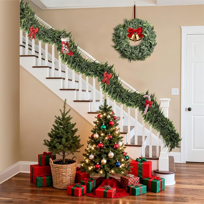 9 FT Christmas Cedar Garlands, Artificial Realistic Winter Cedar Pine Garland, Real Touch Greenery Garland for Fireplace,Table, Mantle, Wall, Indoor, Outdoor Home Party Decorations (1, 9FT)
