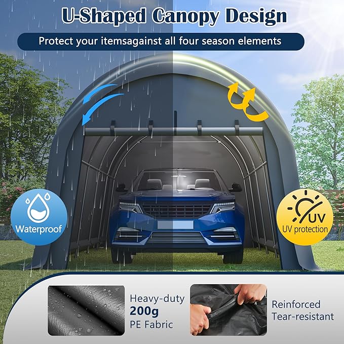 12x20 FT Heavy-Duty Carport Canopy, Portable Garage Shelter with Galvanized Steel Frame and PE Cover, Wind & Snow Resistant, Waterproof Outdoor Storage Tent for Car Truck SUV Boat Equipment