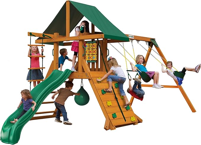 Gorilla Playsets 01-1033 Ozark II Wood Swing Set with Green Vinyl Canopy, Rock Wall, and Punching Ball