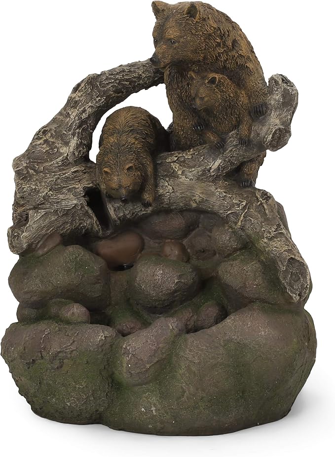 Merax 24.75" High Bear Family Fountain, Weather-Resistant Outdoor Water Feature with LED Lights, 2-Tier Waterfall for Garden Patio, Light Brown+Moss