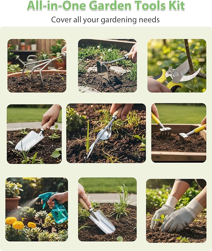 MOSFiATA Garden Tools Set 12-Piece, Gardening Tools Kit with Comfortable Handle, Heavy Duty Soil Shovel, Transplant Trowel, Weeder, Hand rake, Professional Pruner Sprayer Gloves with Organizer Bag