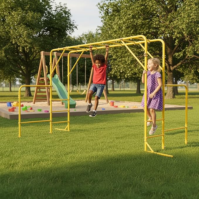 Outdoor Monkey Bars for Kids, Steel Monkey Bar for Backyard, with Climbing and Gymnastics Bar,Free-Standing Playset for Children Age 3-12,Compact for Small Yards, Yellow