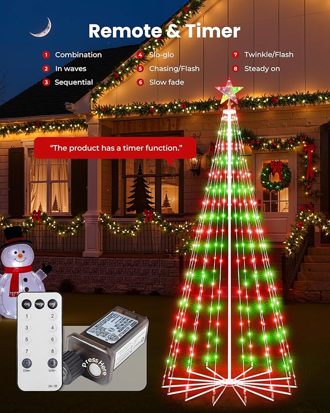 Christmas Cone Tree Light, 7ft 295 LED Light Show Christmas Tree with 8 Modes Timer Remote, Dimmable Artificial Christmas Tree for Porch Yard Patio Indoor Outdoor Xmas Holiday Decor, Red & Green